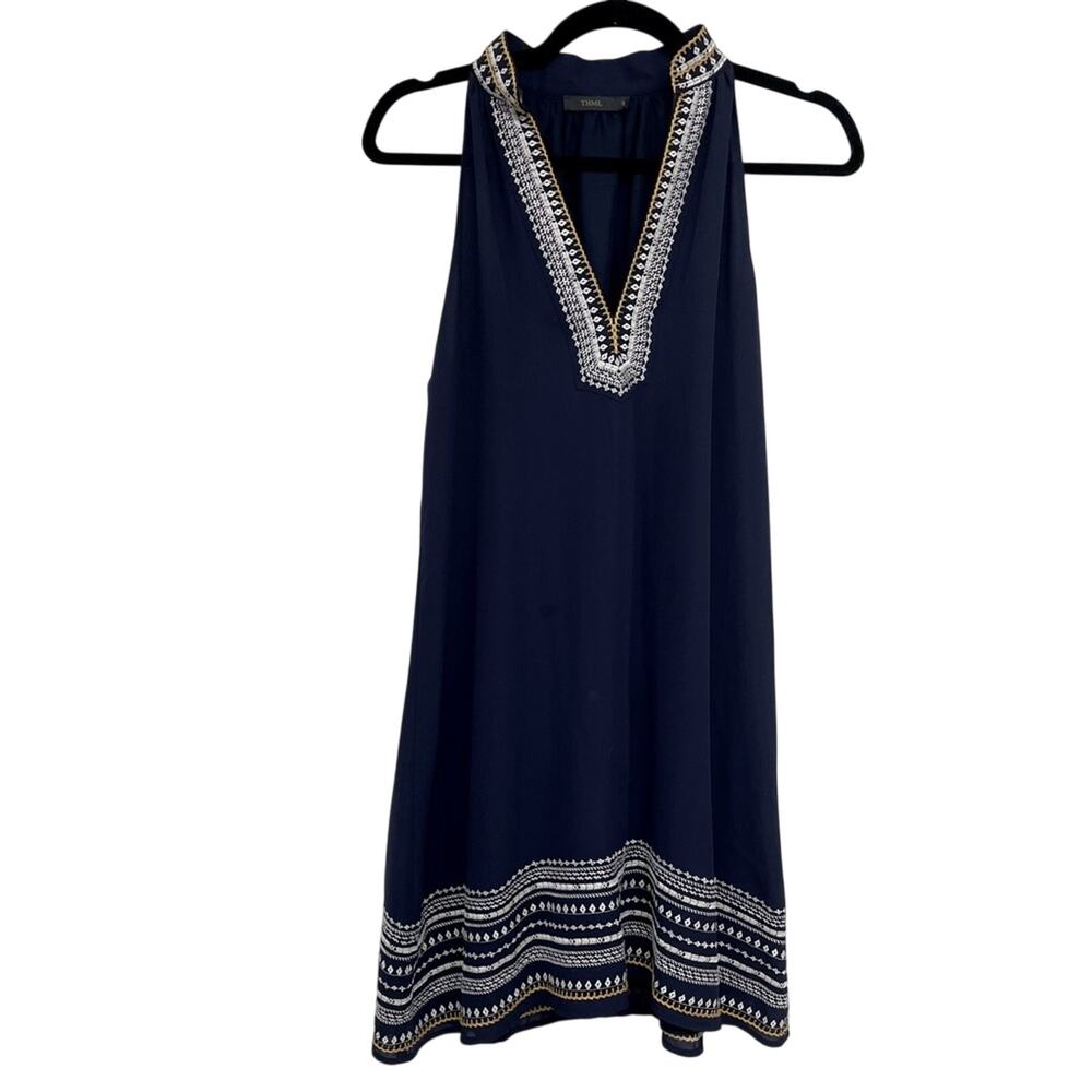 THML Blue Sleeveless Embroidered V Neck Sheath Dress Womens S Boho Mini Casual